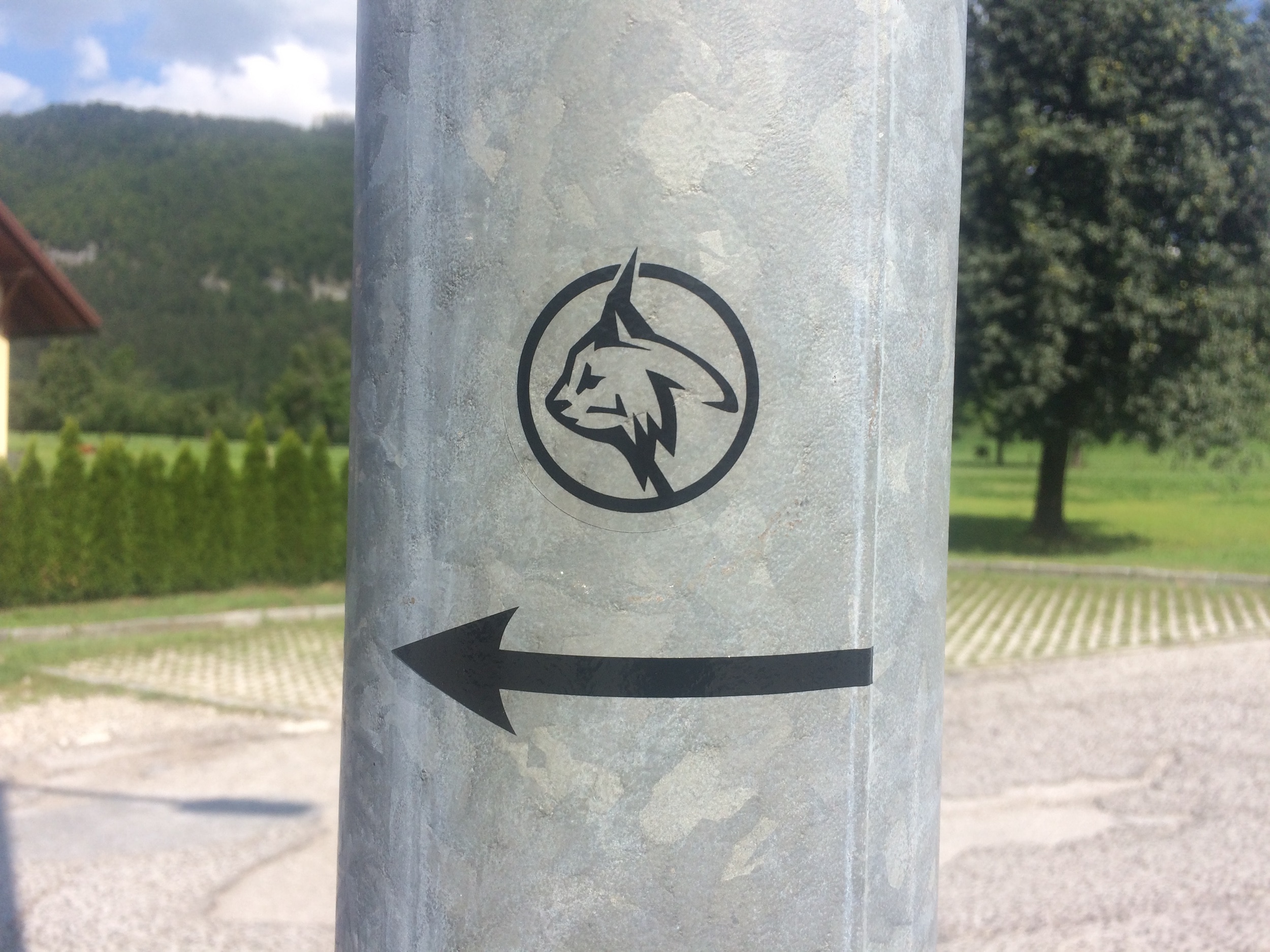 Luchssymbol mit Pfeil an Metallpfosten