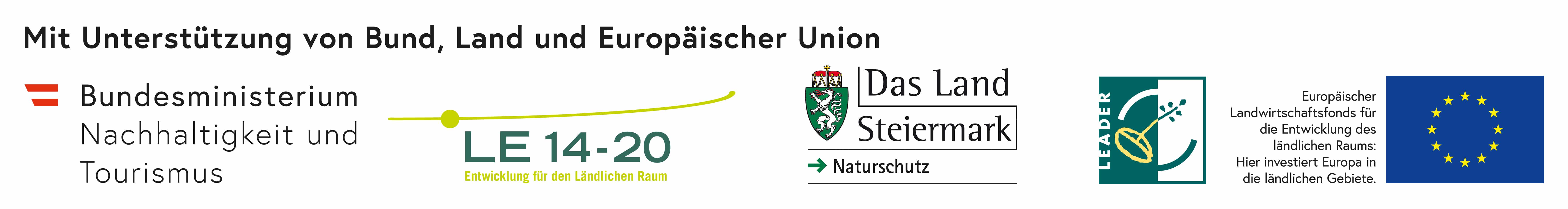 Logoleiste mit den Unterstützern: Bundesministerium, LE 14-20, Land Steiermark, Leader und EU